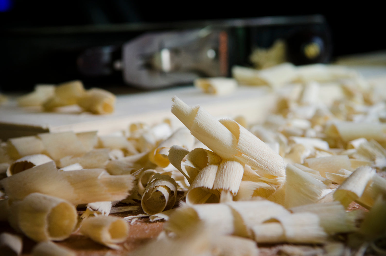 Wood shavings from a hand plane on a woodworking bench