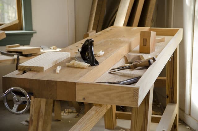 Moravian Workbench Plans: Portable Moravian Workbench with handplane, chisels, and other hand tools for woodworking