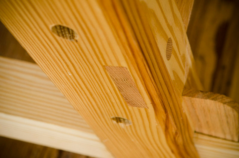 Mortise and tenon joint on the leg of a portable Moravian Workbench