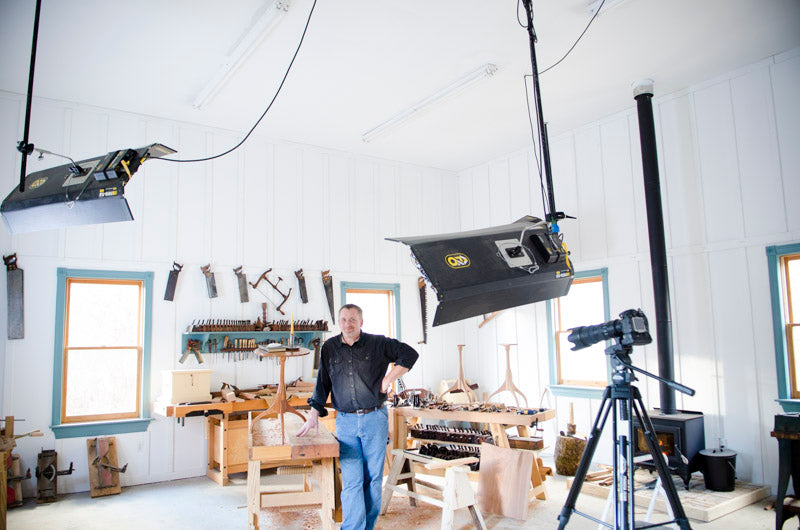 Will Myers filming the video on building a Hancock shaker candle stand
