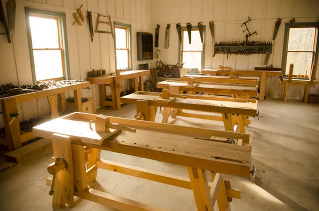 A Row of Portable Moravian Workbenches buy Moravian Workbench Plans