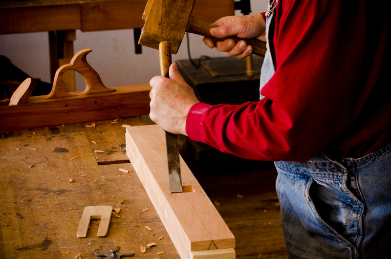 Bill Anderson chopping a mortise for the mouth of a new wooden jointer plane