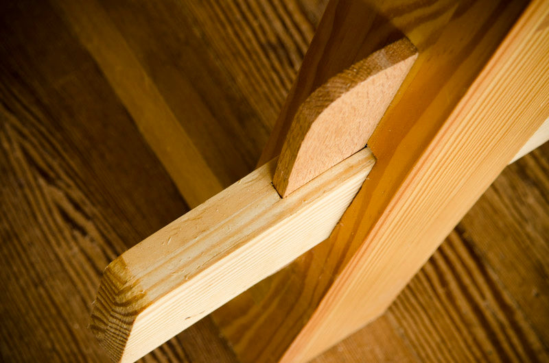 Tusk tenon wedge joint on the leg of a portable Moravian Workbench 