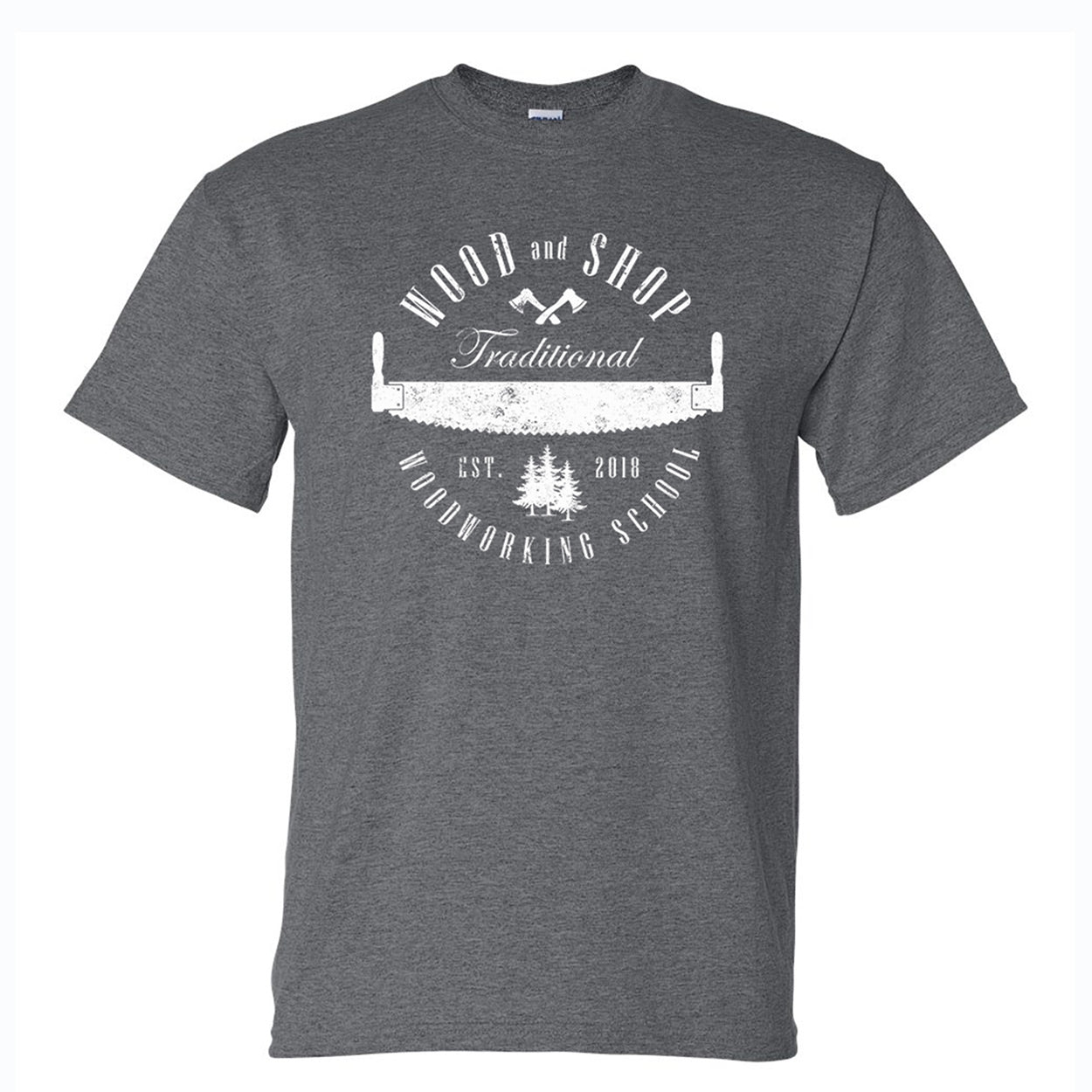 “Wood and Shop” Traditional Woodworking School T-Shirt (Multiple Colors)