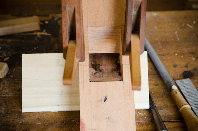 Inside mouth of a wooden bench plane that Bill Anderson is making