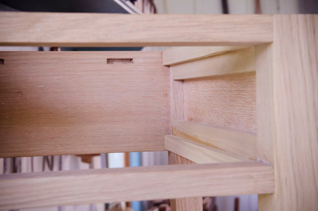 interior of a Shaker end table in figured white oak with ammonia fuming for woodworking plans